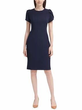 Calvin Klein | Navy Tulip-Sleeve Sheath Knee-length Dress 16